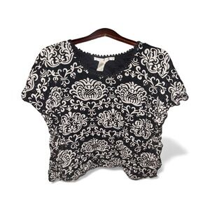 Max Studio Oversized Black and White Patterned Sheer Boho Vacation Top Blouse